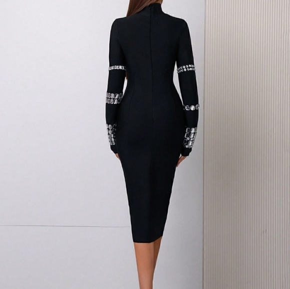 Dresses & Skirts - Black Preppy Womens Diamond Studs Long Sleeve Turtleneck Bandage Bodycon Dress